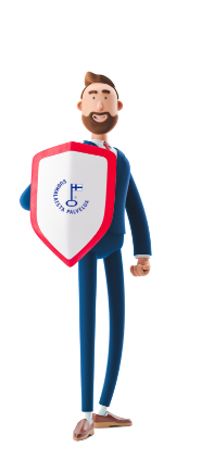 Kuvitettu kuva miehestä pitämässä kilpeä Avainlippu-logolla